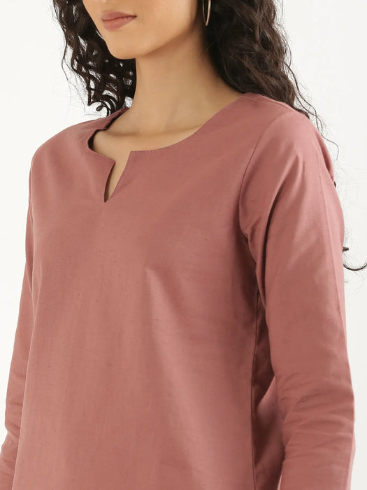 Women Rose Taupe Airy Linen Split Neck Short Kurta