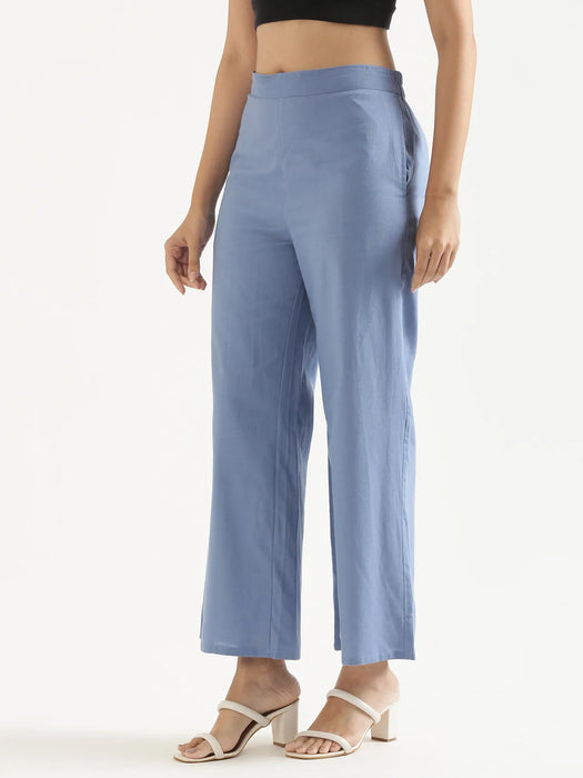 Women English Blue Airy Linen Wide Leg Pant