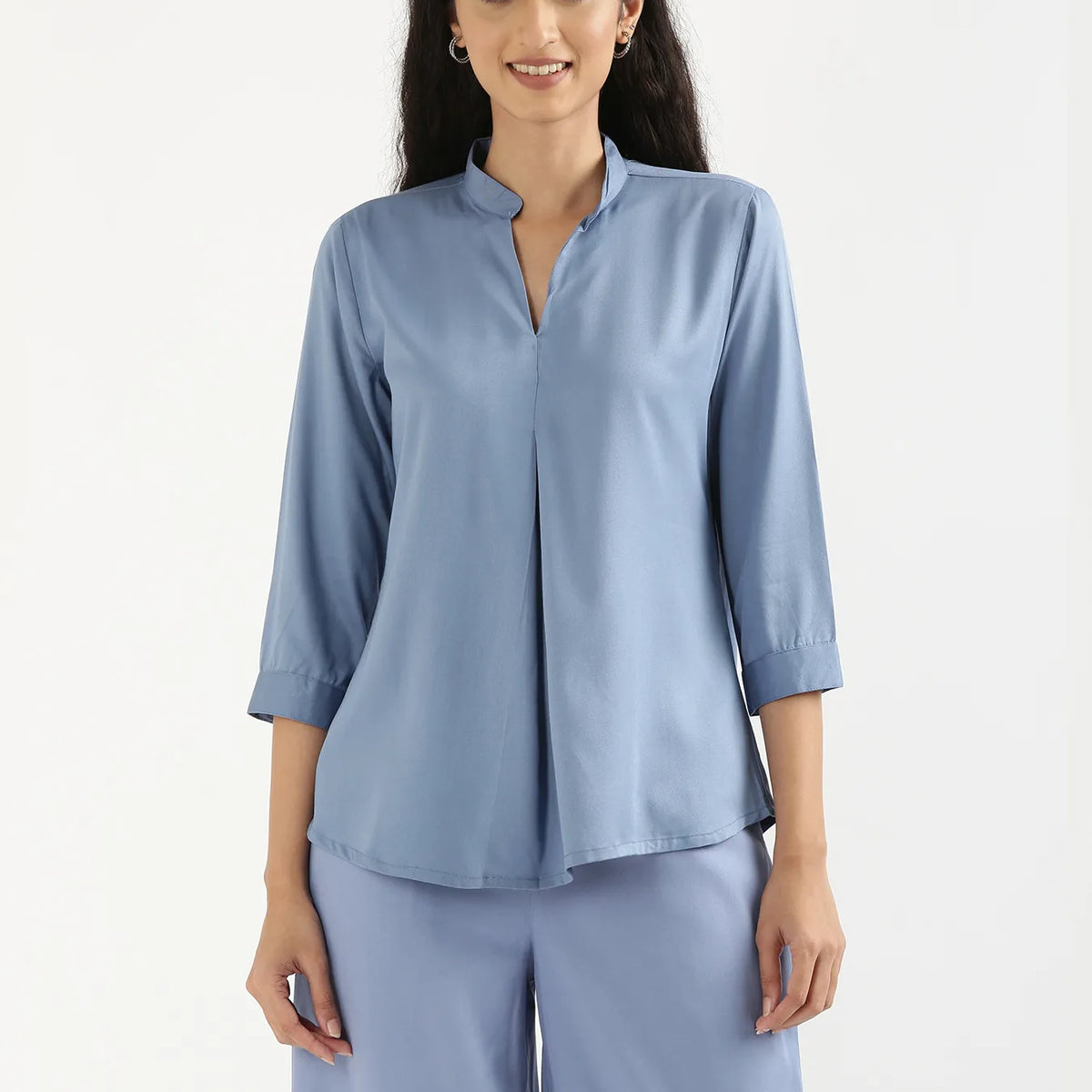Women English Blue Viscose Pleated Top
