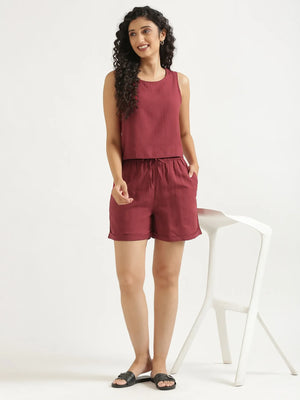 Women Maroon Flowy Linen Short Set