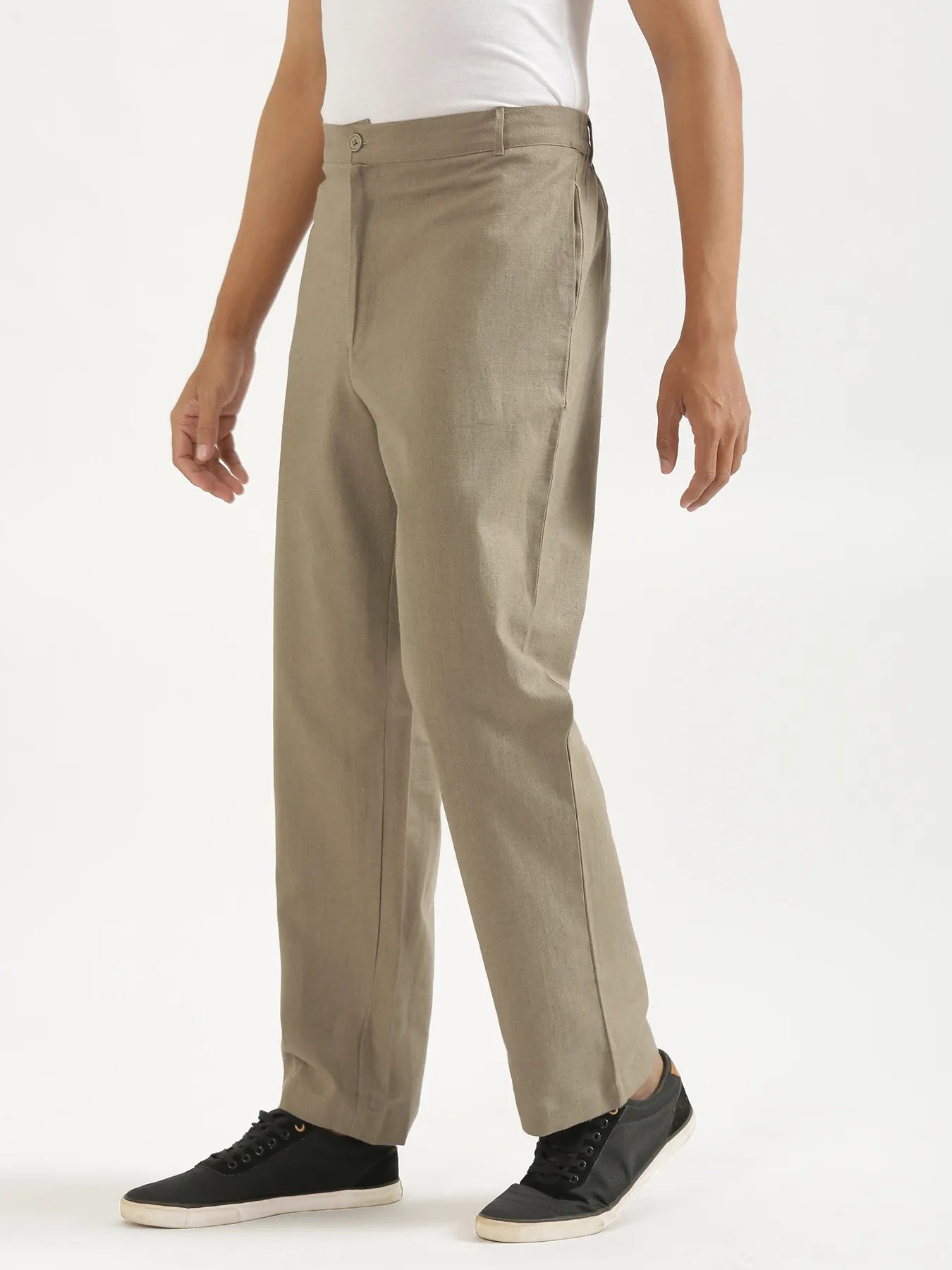 Men Khakhi Linen Blend Straight Pant
