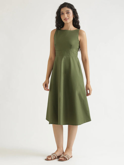 Women Forest Green Better Cotton Flared Dress