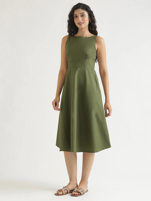 Women Forest Green Better Cotton Flared Dress