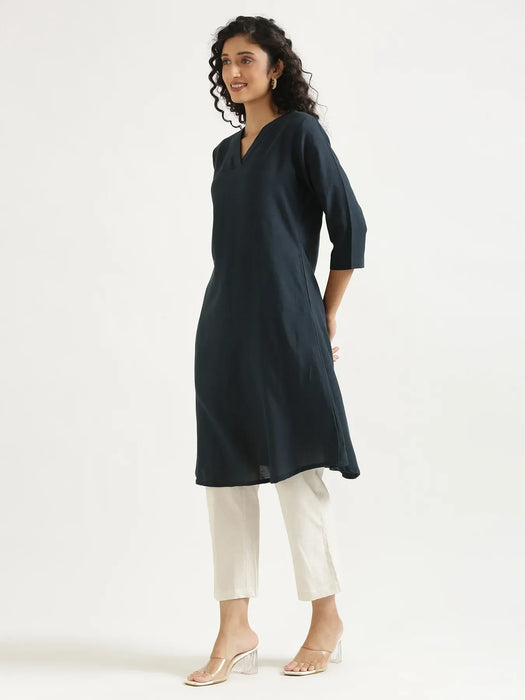Women Navy Blue Flowy Linen A-Line Long Kurta