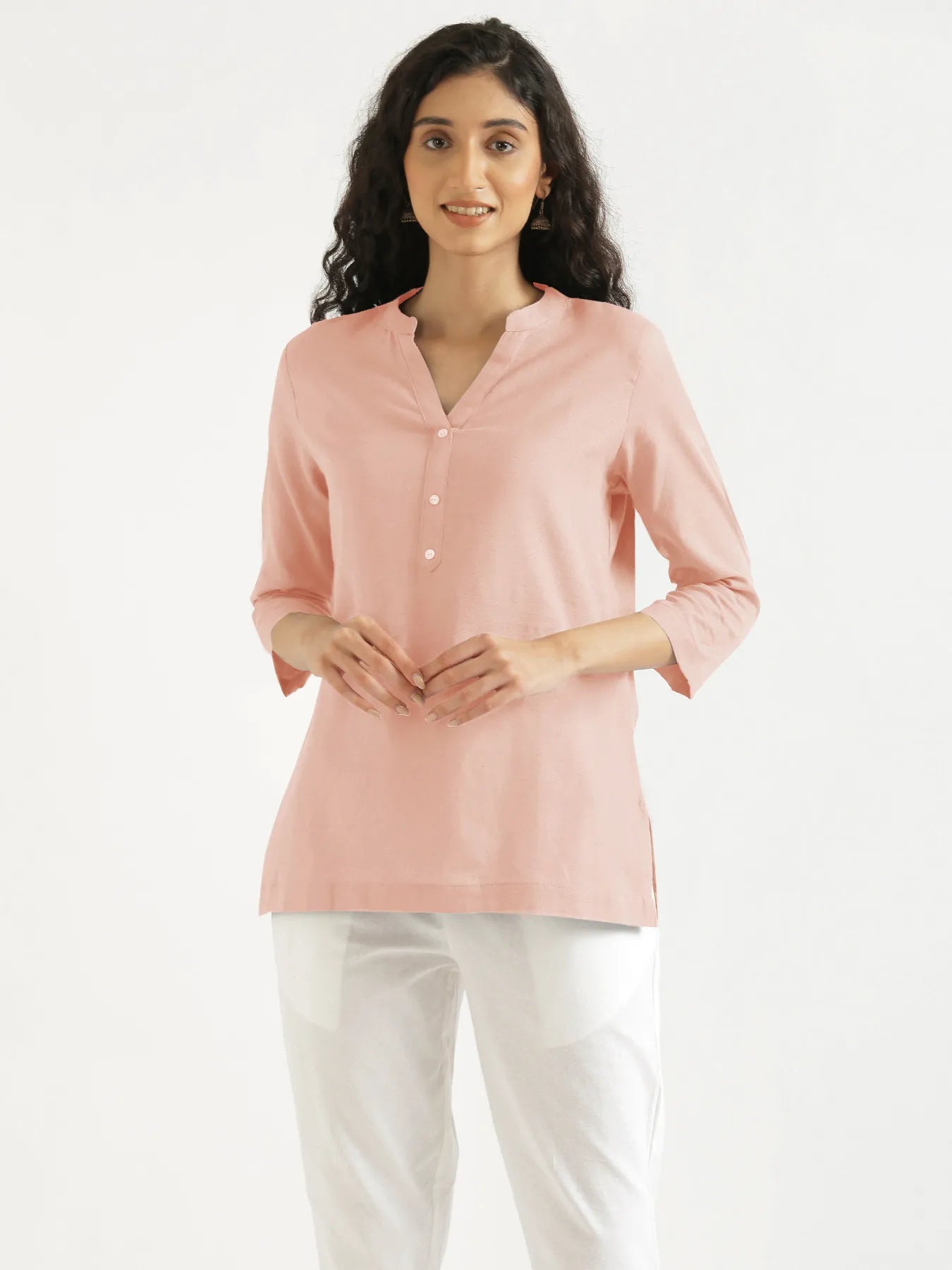 Women Salmon Pink Airy Linen Short Kurta