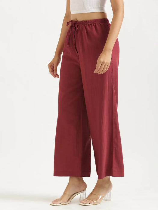 Women Maroon Flowy Linen Wide Leg Pants