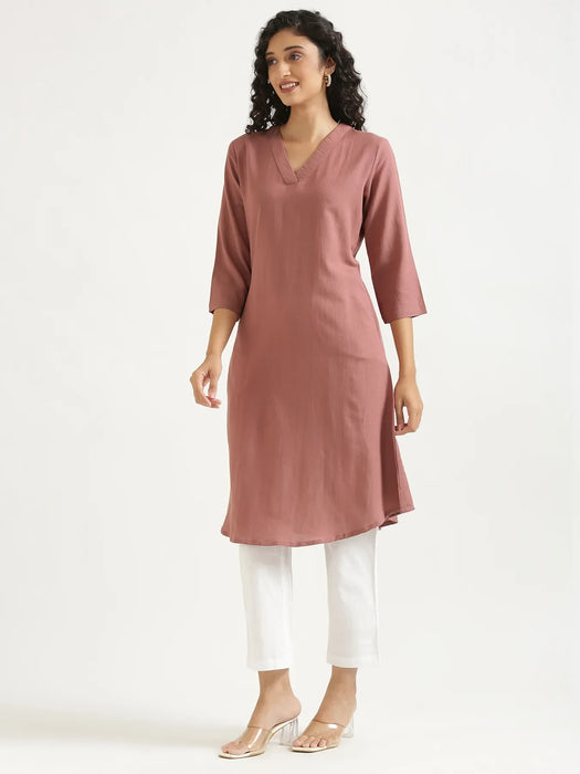 Women Rose Taupe Flowy Linen A-Line Long Kurta