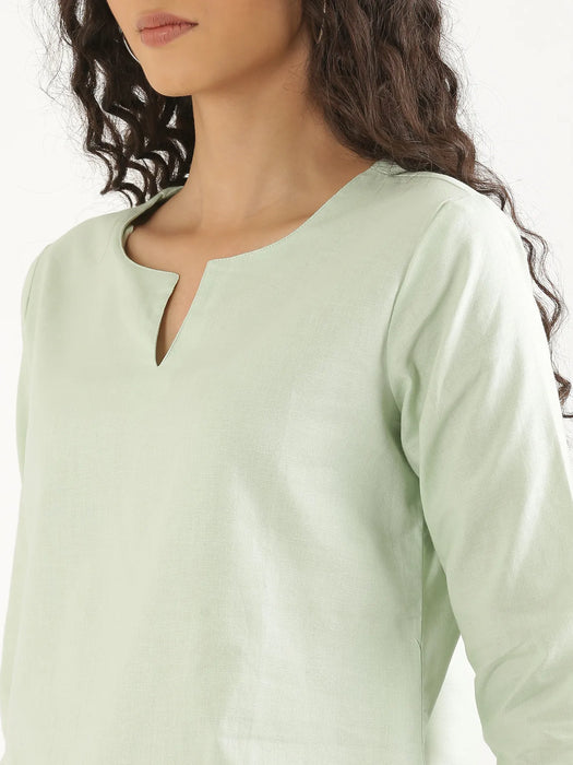 Women Mint Green Airy Linen Split Neck Short Kurta