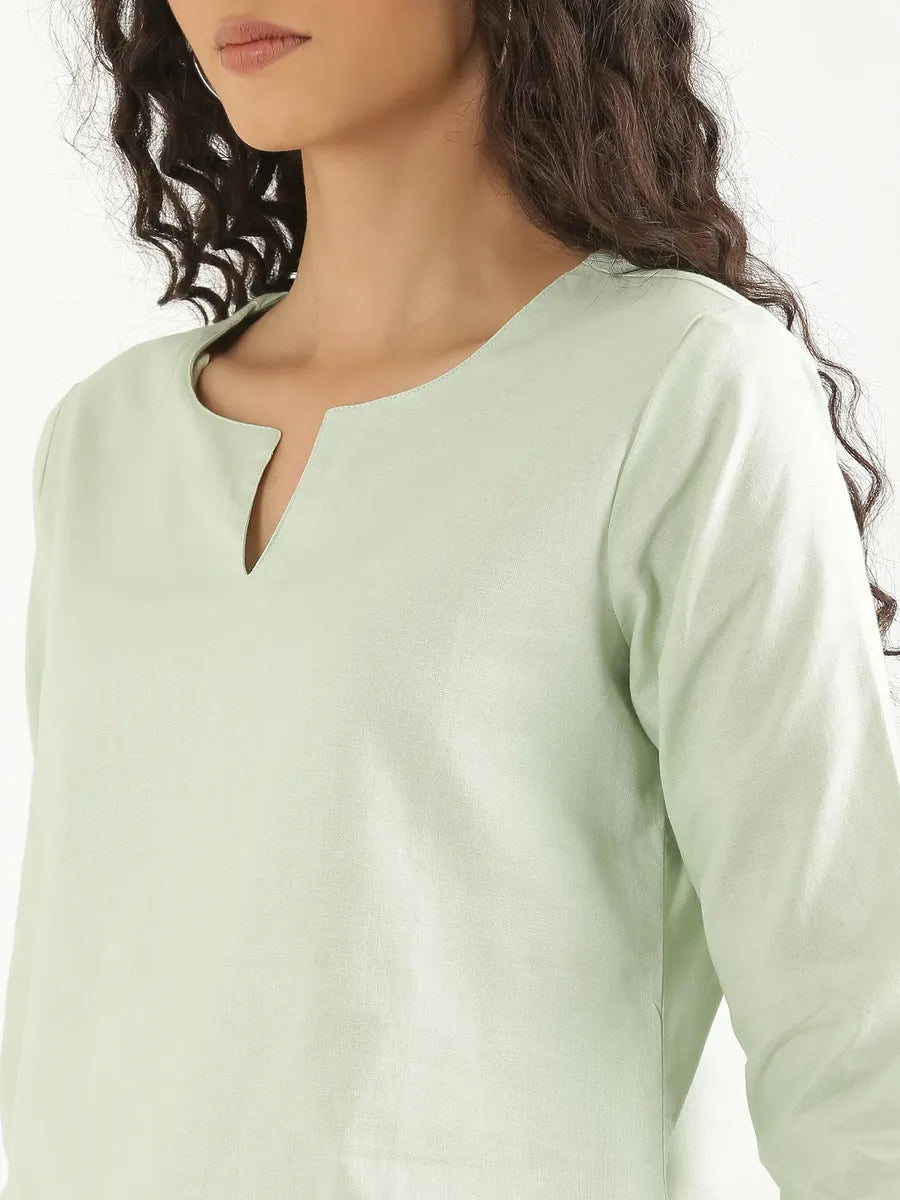 Women Mint Green Airy Linen Split Neck Short Kurta