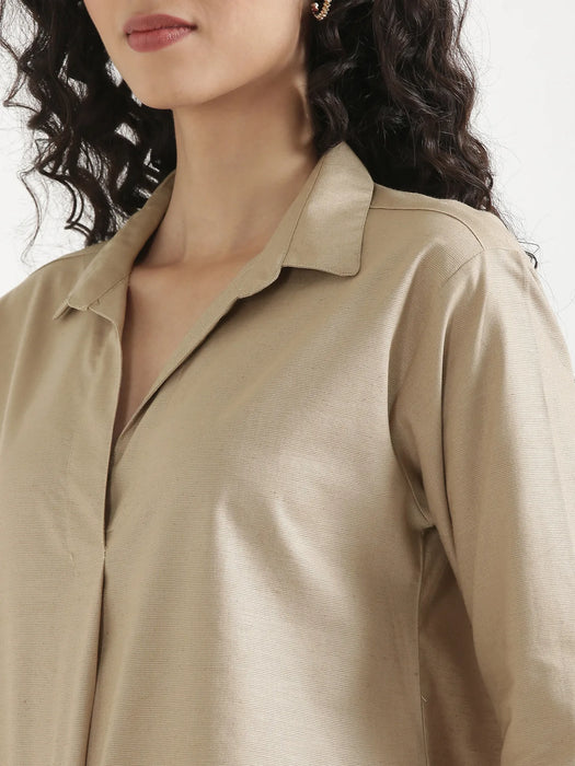 Women Taupe Linen Blend Pleated Top