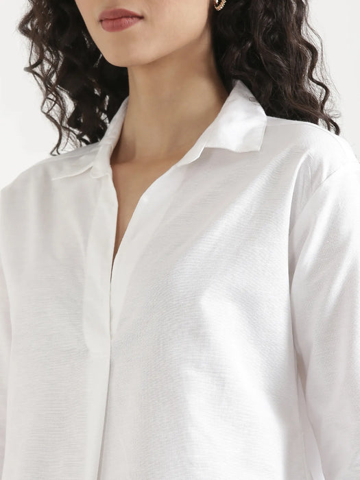Women White Linen Blend Pleated Top