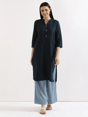 Women Navy Blue Airy Linen Long Kurta