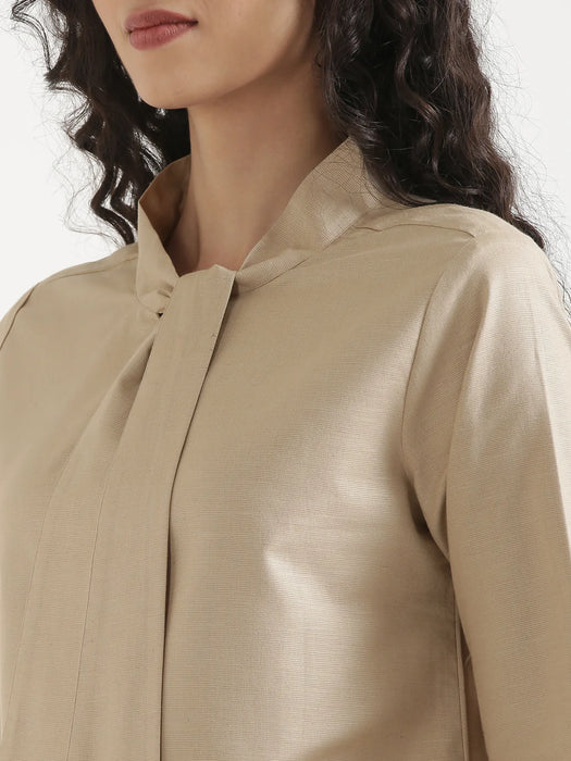 Women Taupe Linen Blend Knot Blouse & Ecru Airy Linen Straight Pants Pant Set