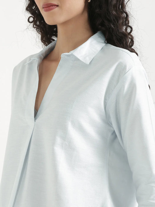 Women Powder Blue Linen Blend Pleated Top & Ecru Airy Linen Wide Leg Pants Pant Set