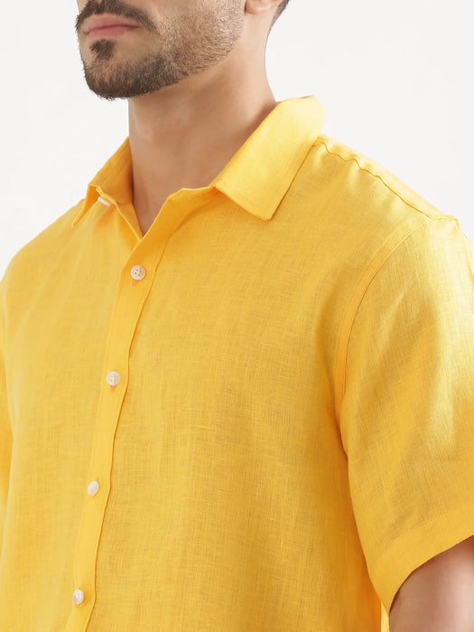 Men Mango Yellow 100% Linen Half Sleeve Shirt