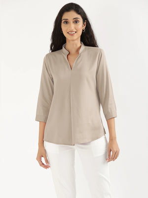 Women Taupe Viscose Pleated Top