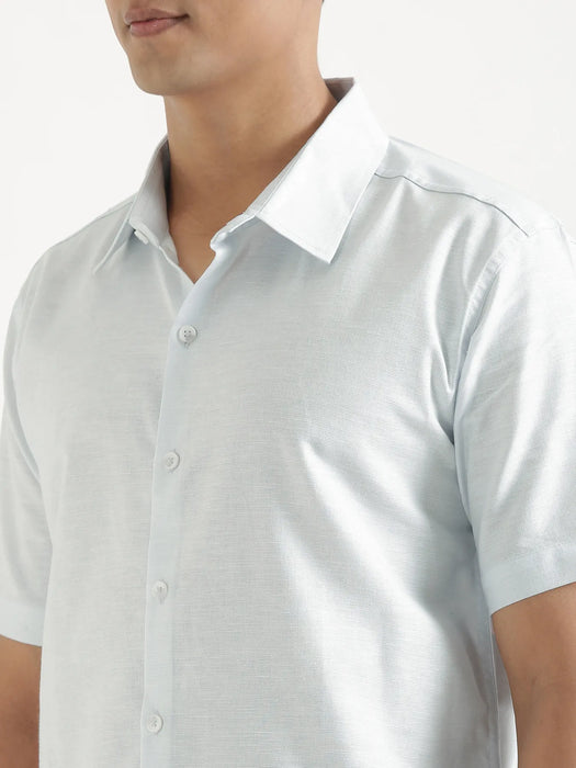 Men Powder Blue Linen Blend Short Sleeve Shirt & Beige Cotton Pant Set