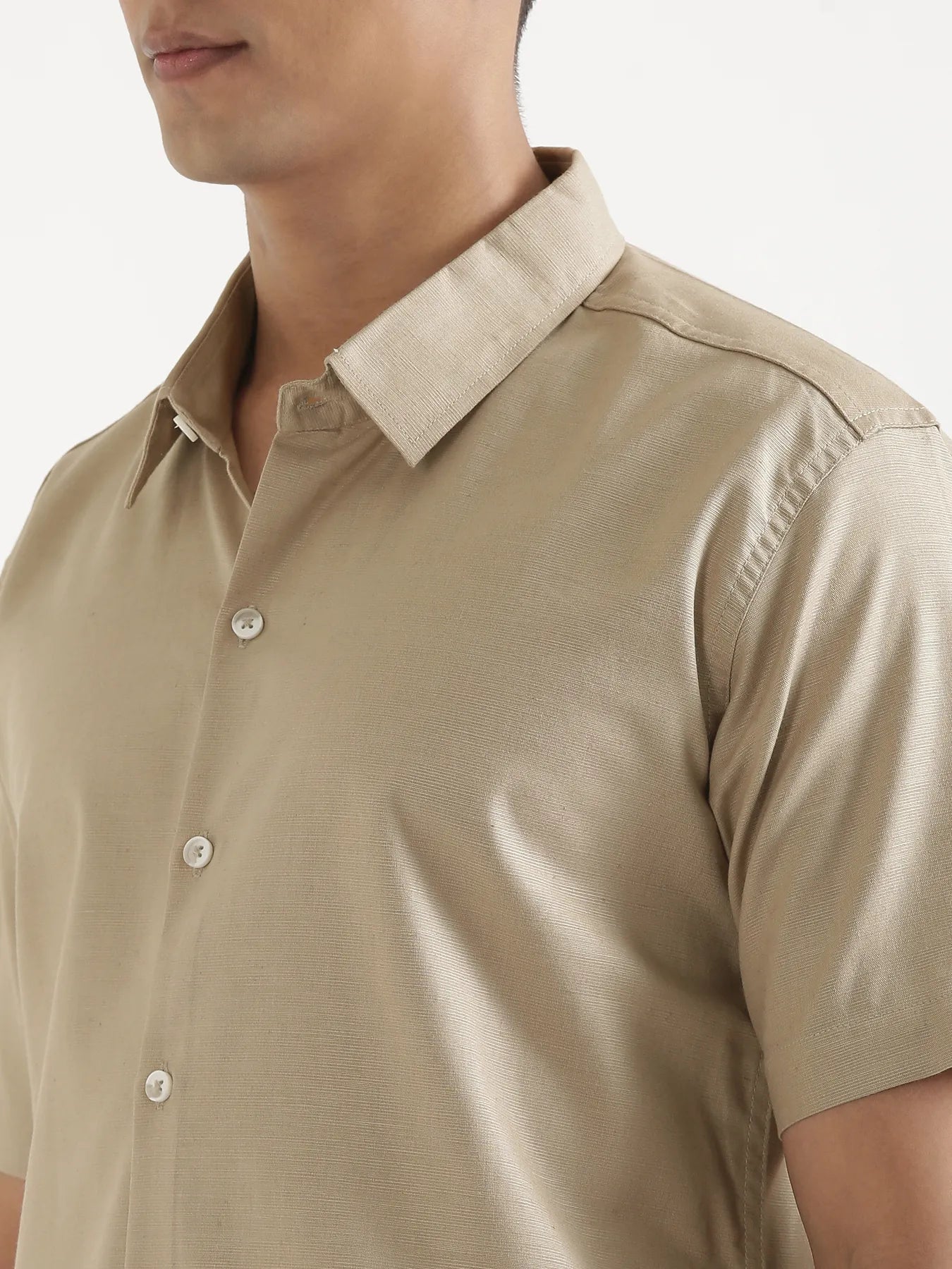Men Taupe Linen Blend Short Sleeve Shirt