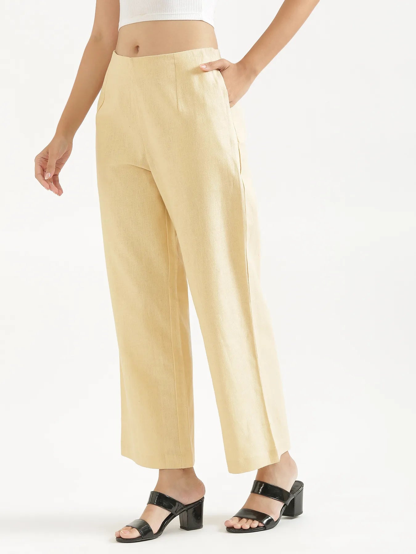 Women Beige Linen Blend Wide Leg Pant
