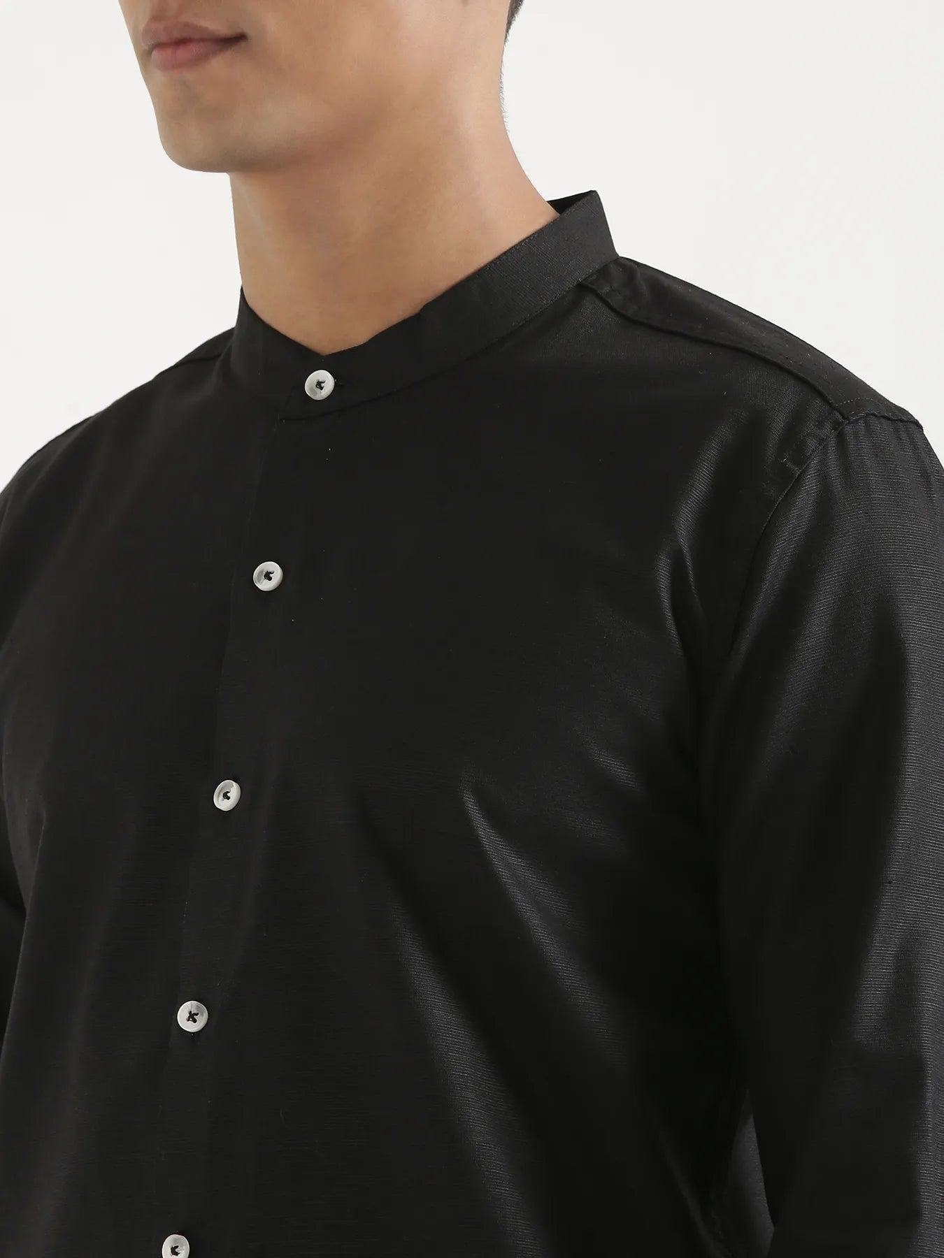 Men Black Linen Blend Mandarin Collar Shirt