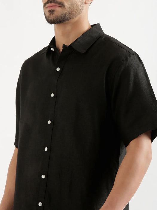 Men Black 100% Linen Half Sleeve Shirt