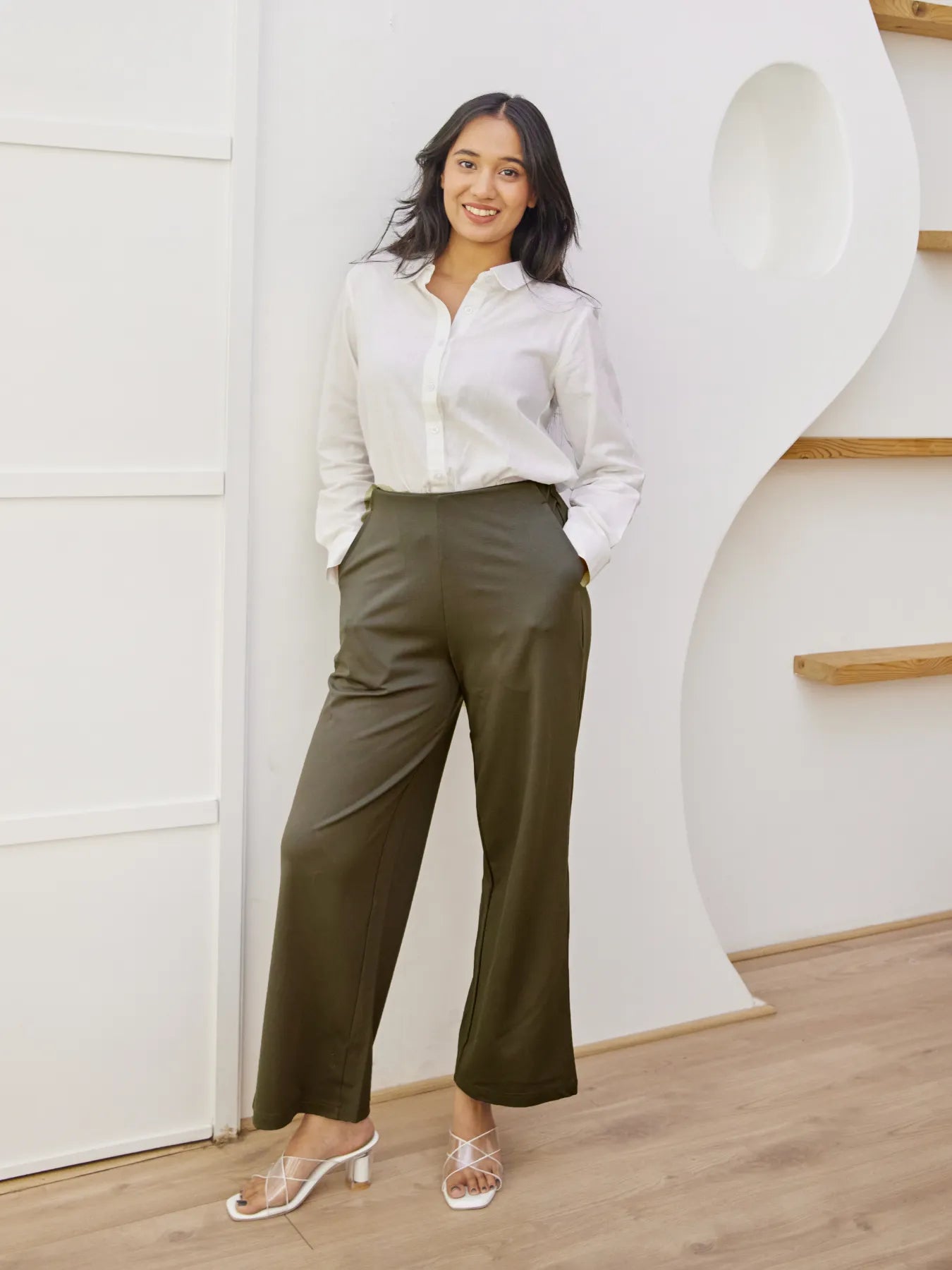 White Airy Linen Shirt with Olive Gren Wide Leg Pant