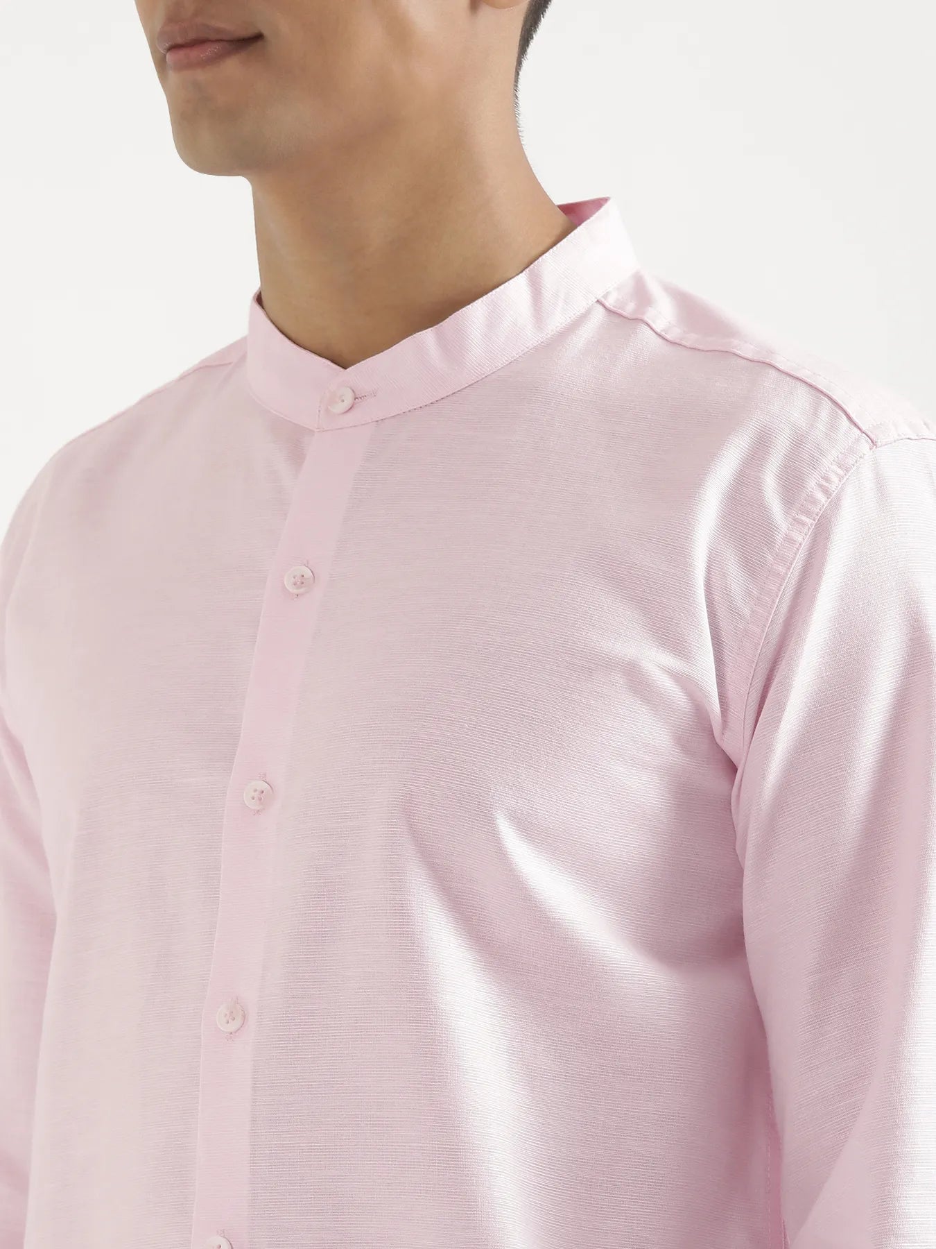 Men Blush Pink Linen Blend Mandarin Collar Shirt