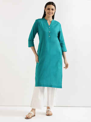 Women Teal Airy Linen Long Kurta