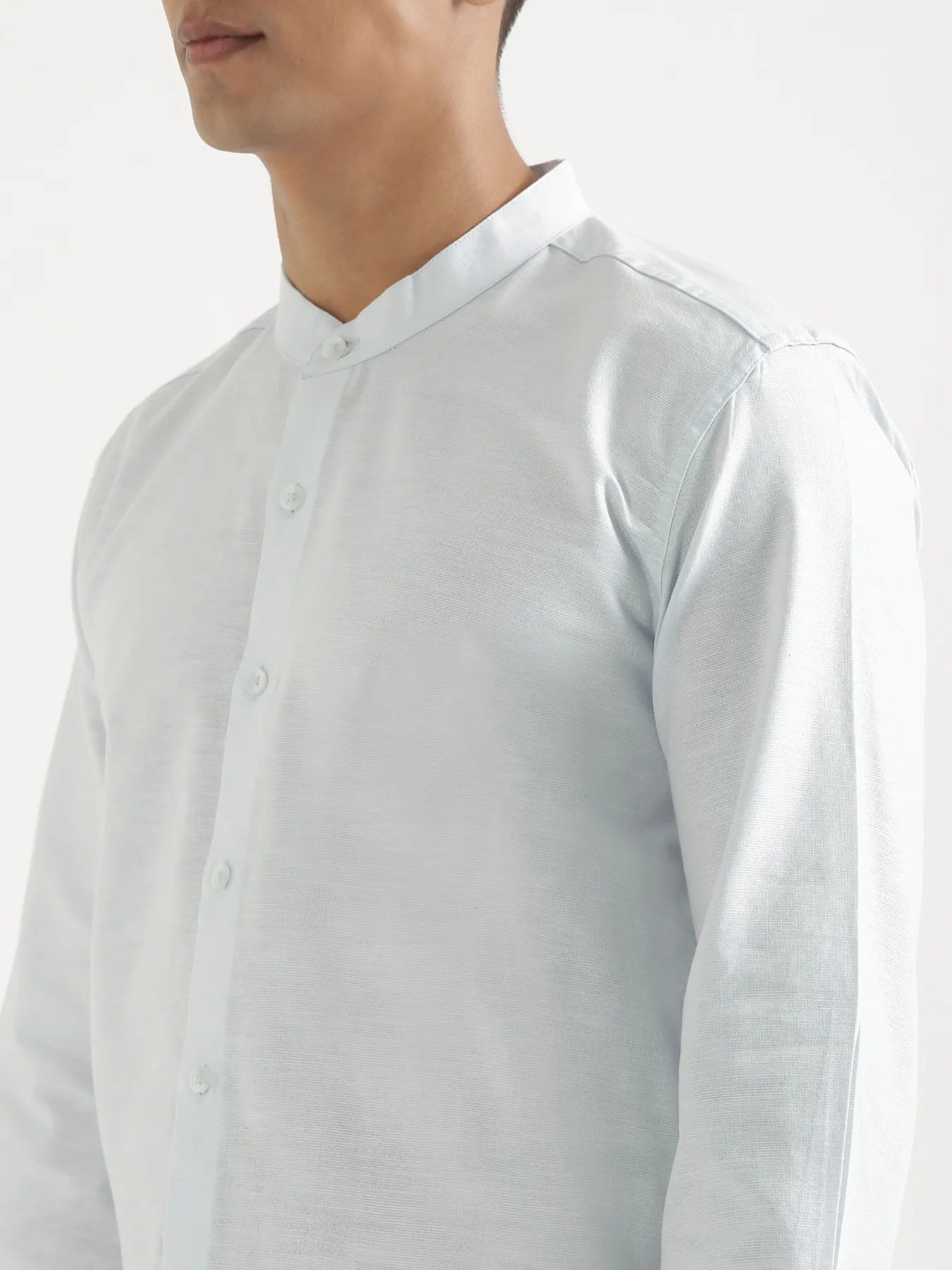 Men Powder Blue Linen Blend Mandarin Collar Shirt