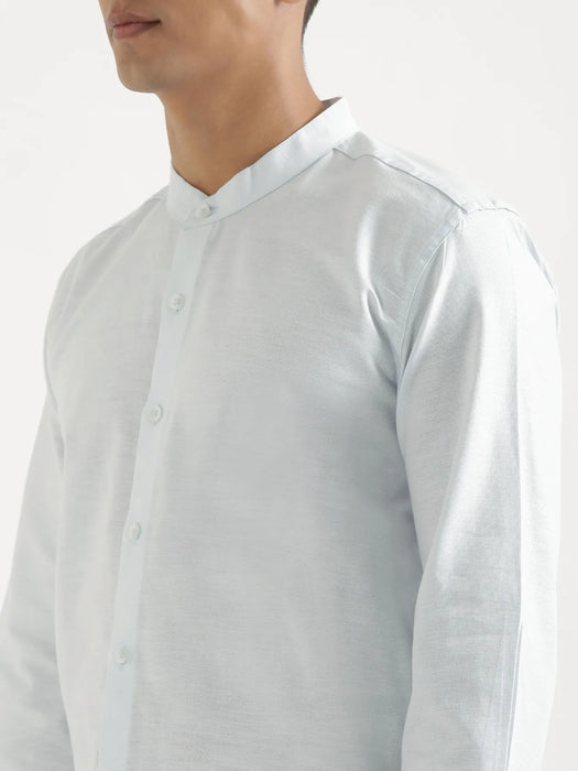Men Powder Blue Linen Blend Mandarin Collar Shirt