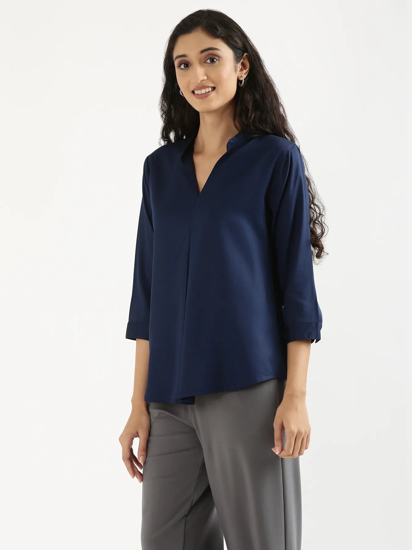 Women Navy Blue Viscose Pleated Top