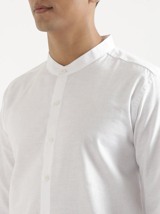Men White Linen Blend Mandarin Collar Shirt