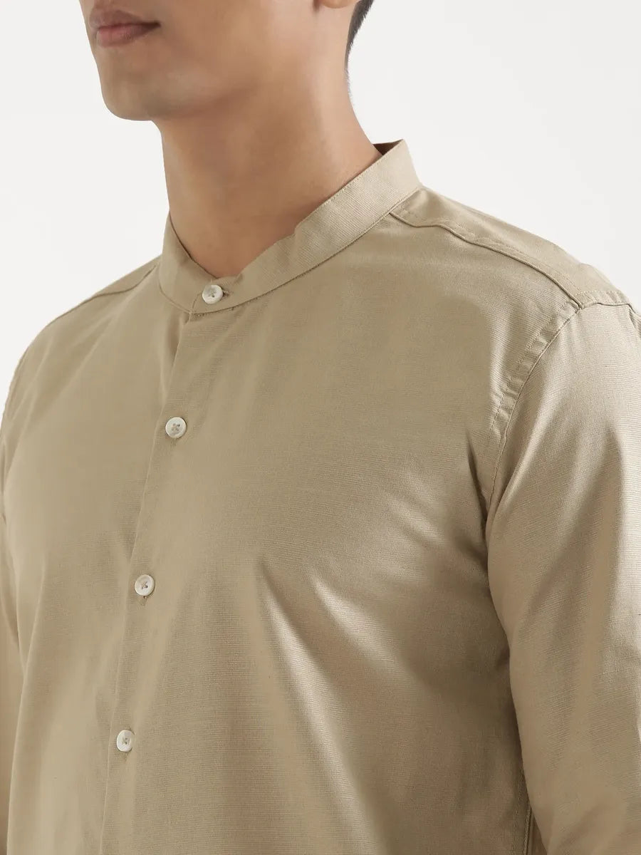 Men Taupe Linen Blend Mandarin Collar Shirt