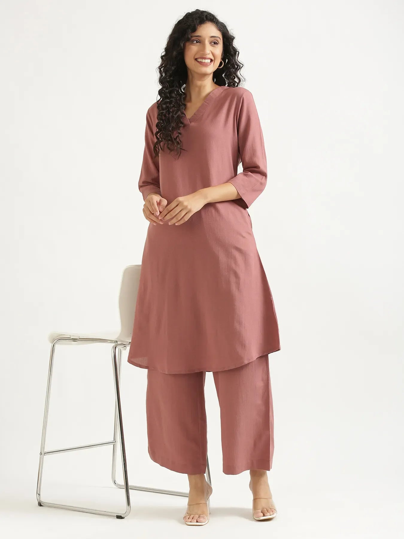 Women Rose Taupe Flowy Linen Kurta Set