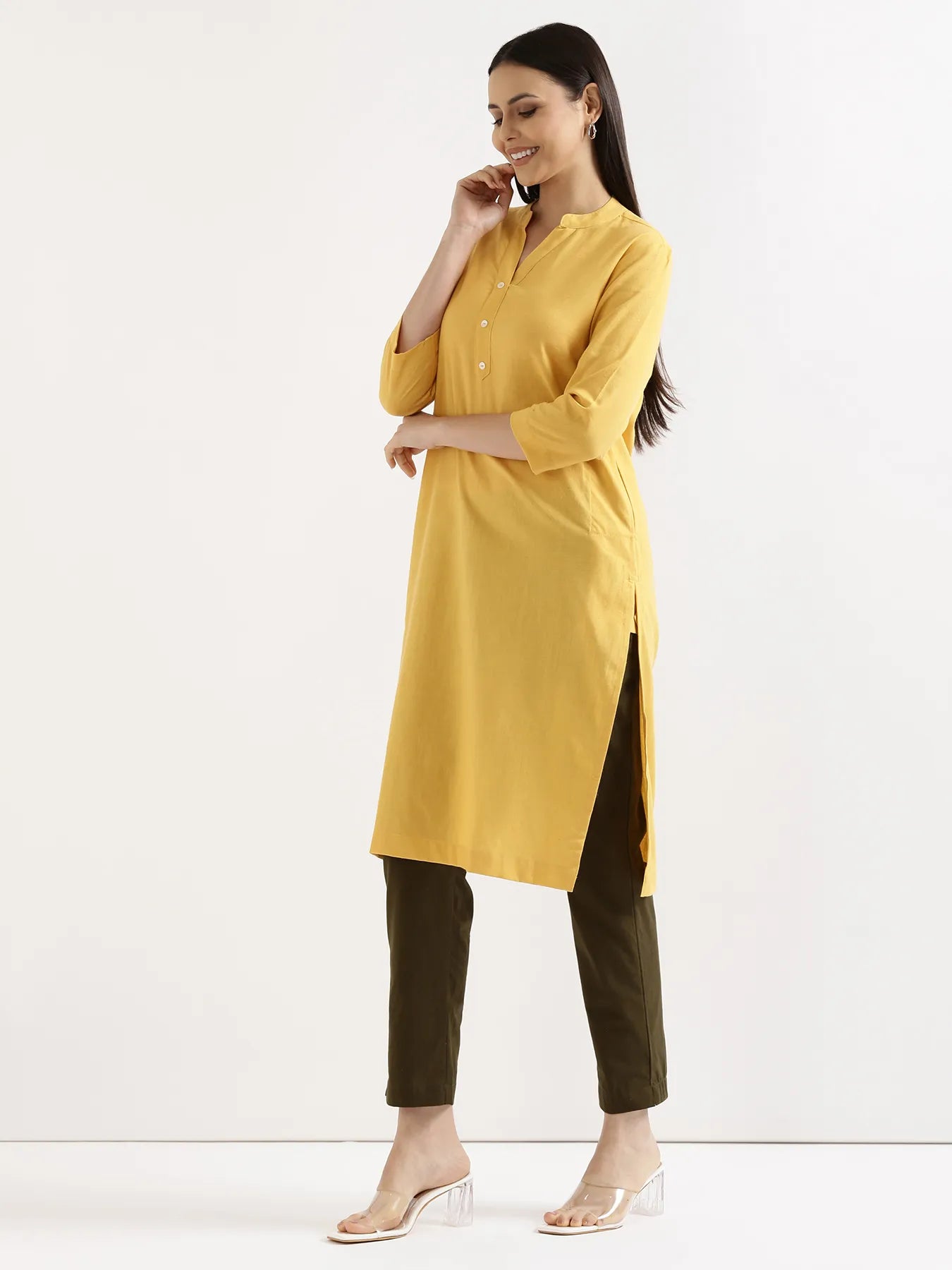 Women Yellow Airy Linen Long Kurta