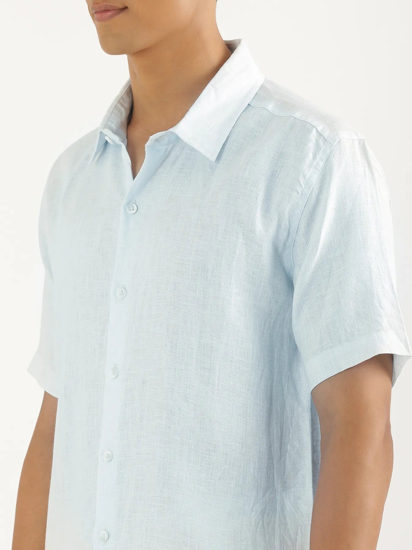 Men Light Blue Pure Linen Short Sleeve Shirt