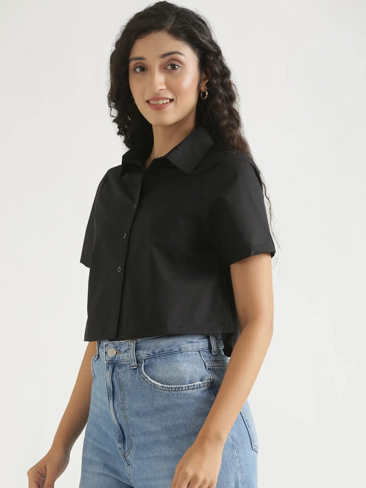Women Black Better Cotton Crop Shirt