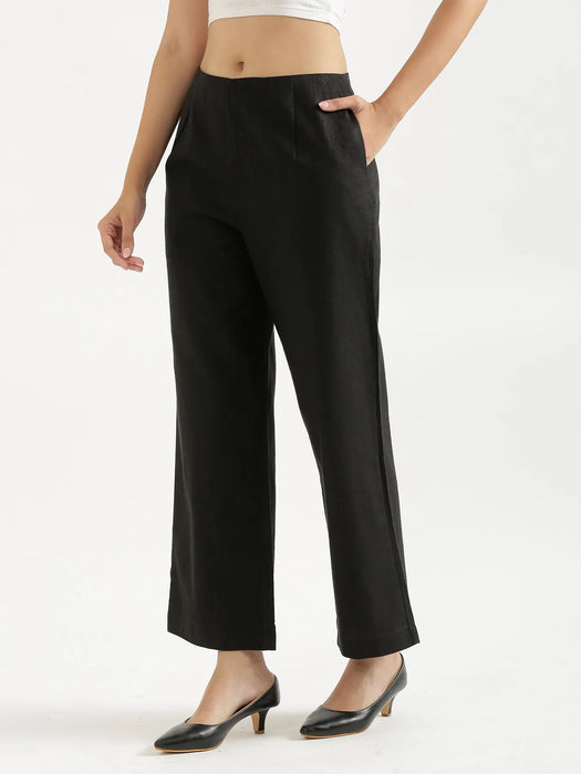 Women Black Linen Blend Wide Leg Pant