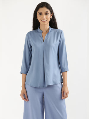 English Blue Viscose Pleated Top