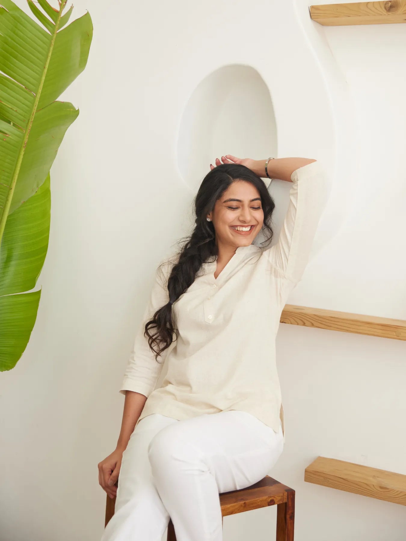 Ecru Short Kurta with White Cotton Pant