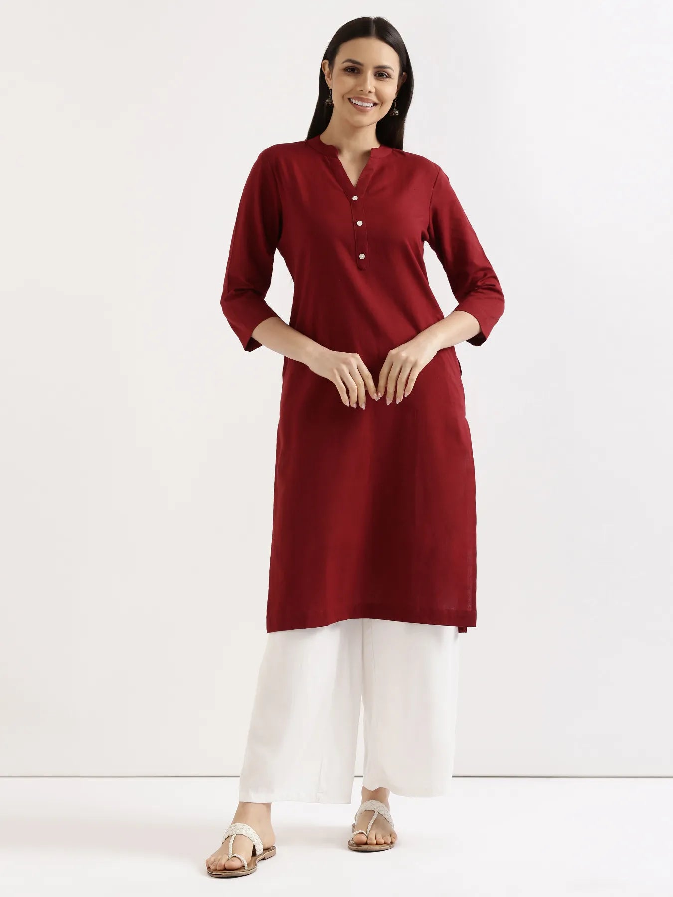 Women Maroon Airy Linen Long Kurta & White Viscose Palazzo Pant Set
