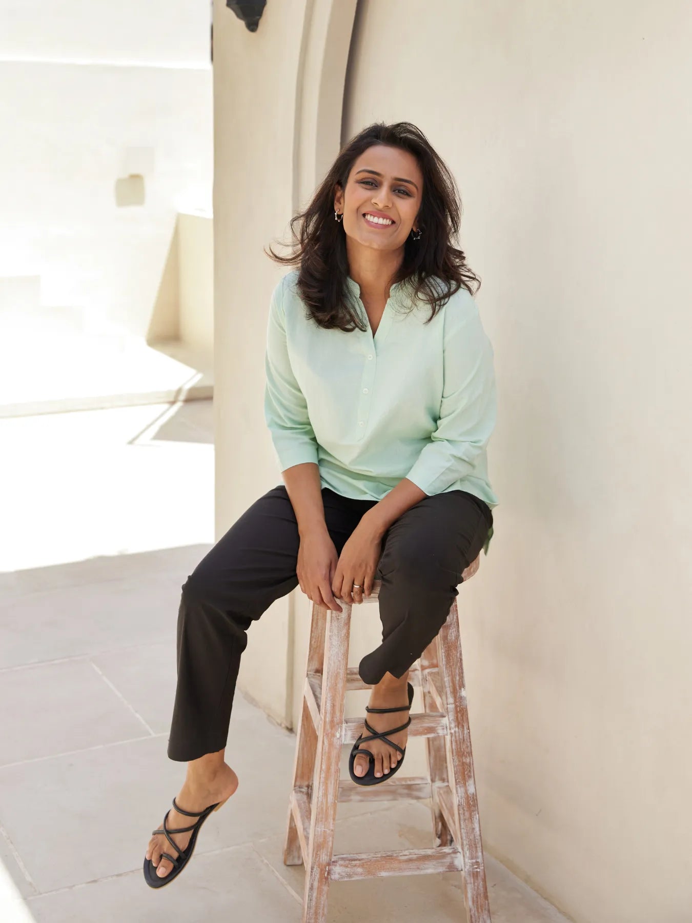 Mint Green Short Kurta with Black Cotton Pant