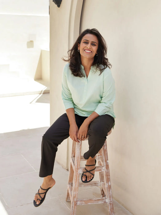 Mint Green Short Kurta with Black Cotton Pant
