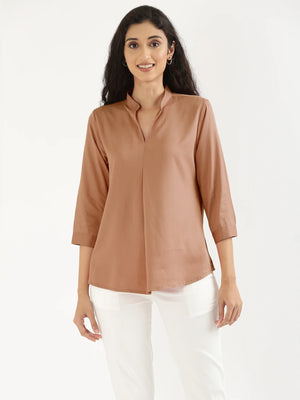 Women Mocha Mousse Viscose Pleated Top