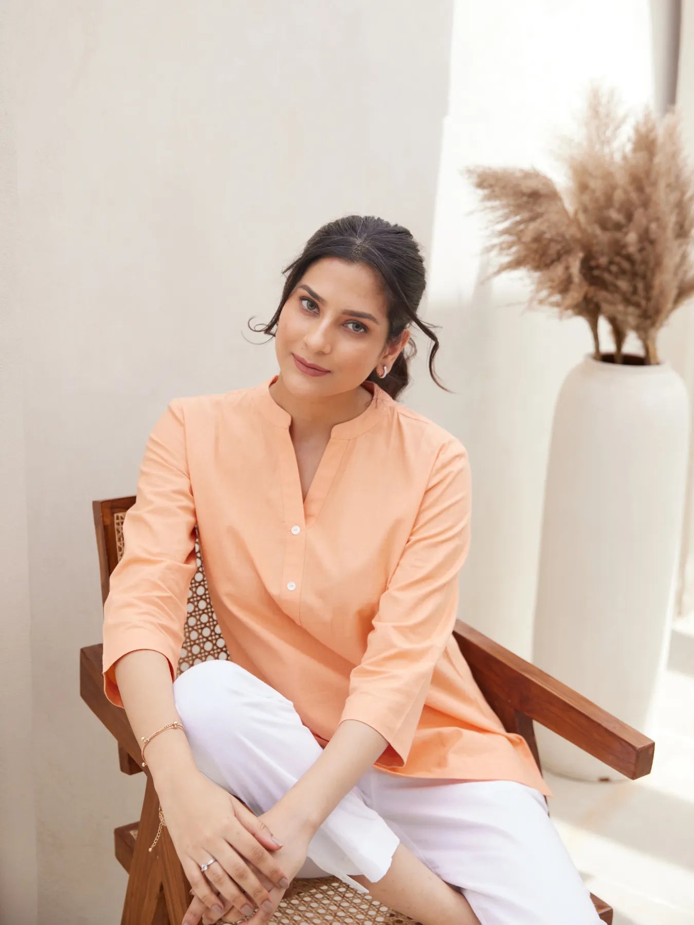 Peach Short Kurta with White Cotton Pant