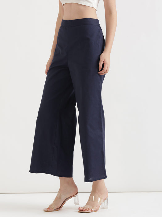 Women Navy Blue Airy Linen Wide Leg Pant
