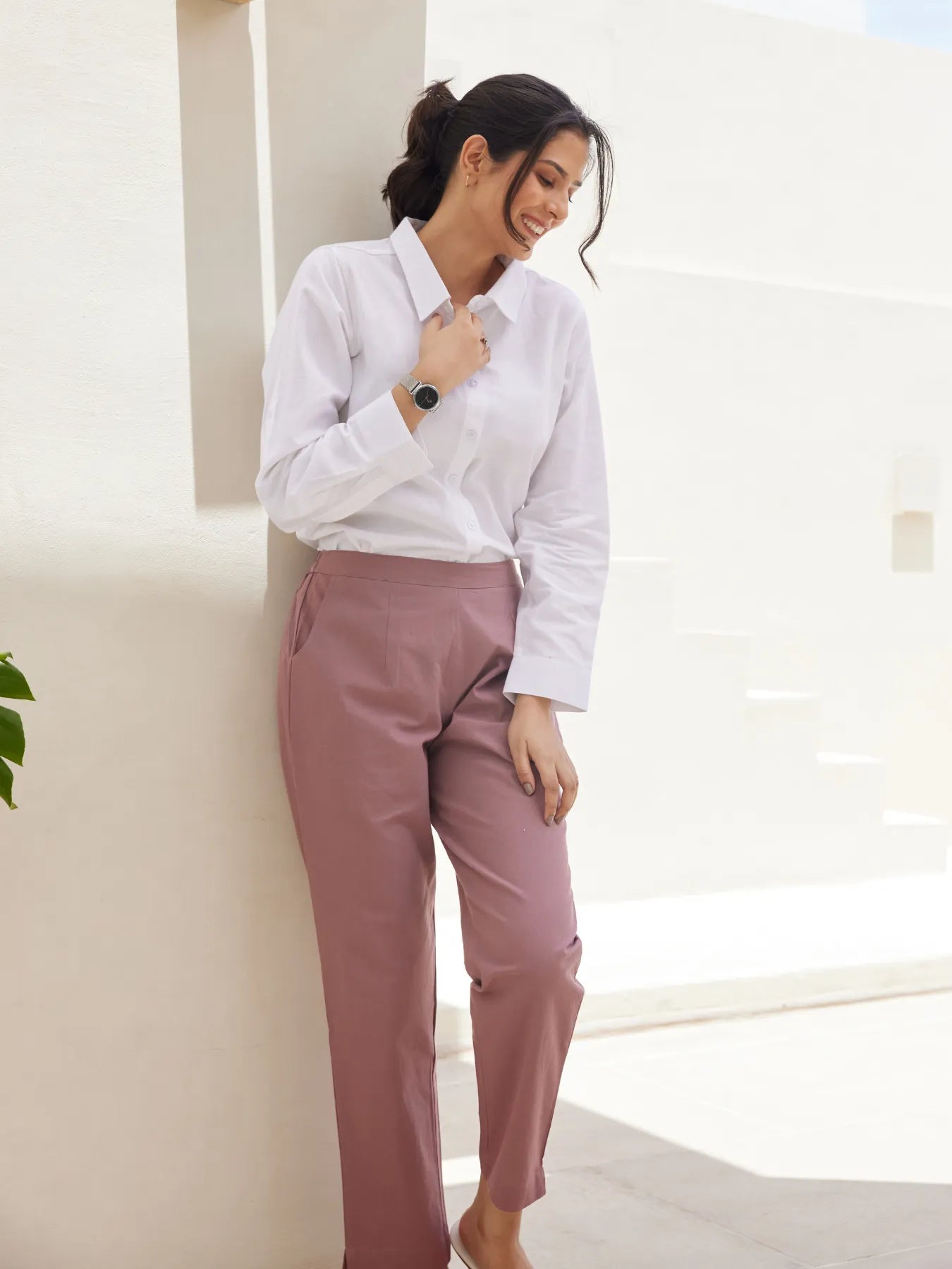 White Airy Linen Shirt with Rose Taupe Cotton Pant