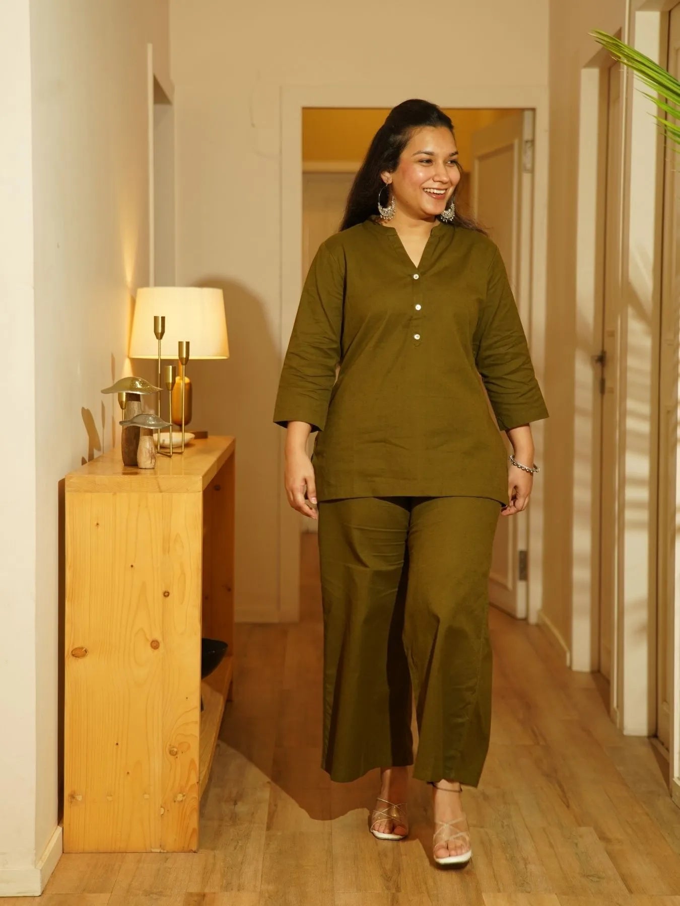 Olive Green Airy Linen Short Kurta Co-ord Set