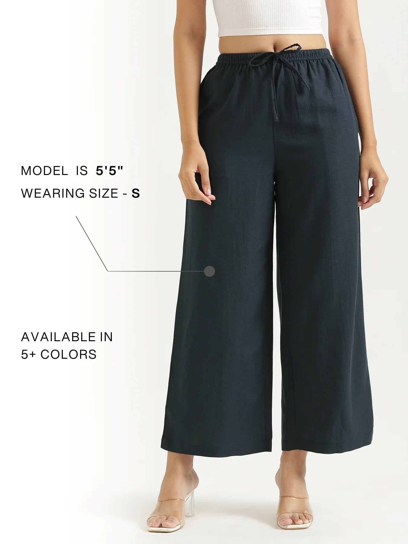 Women Navy Blue Flowy Linen Wide Leg Pants