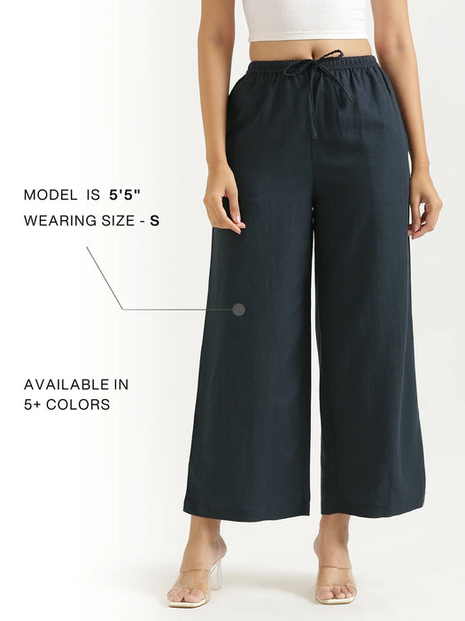 Women Navy Blue Flowy Linen Wide Leg Pants